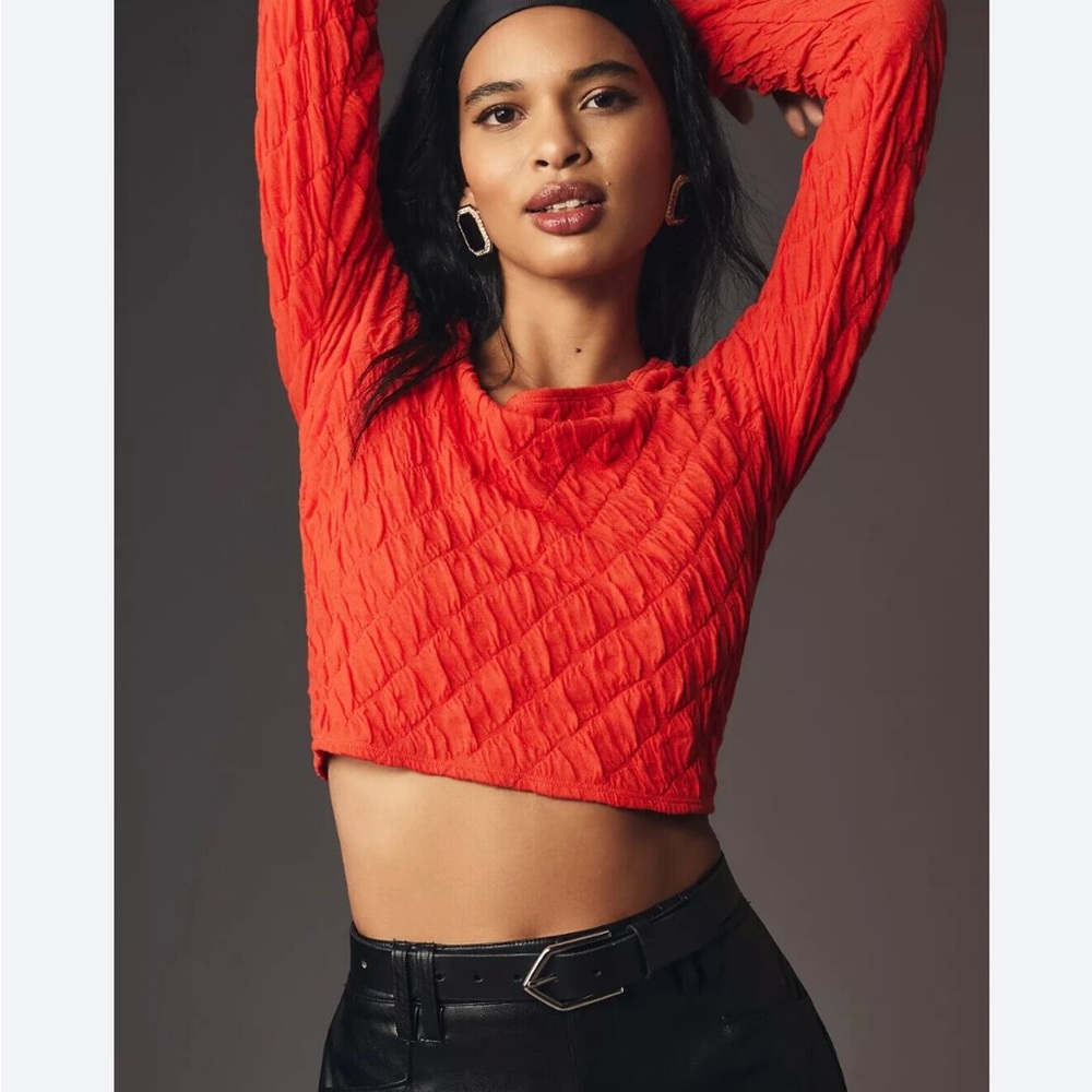 Anthropology Maeve popcorn crop top in orange XS long sleeve boho